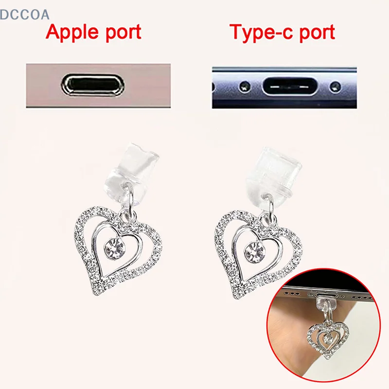 Shiny Heart Shape Diamond Mobile Phone Charging Port Dust Plug DIY Dust-Proof Charger Port Plug Protector