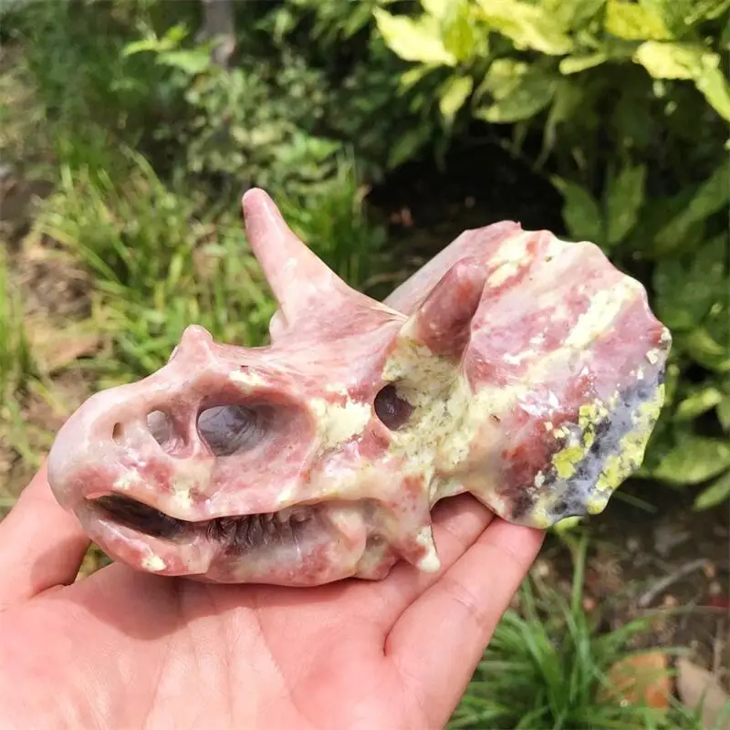 

13CM Natural Peach Blossom Tourmaline Dinosaur Skull Crystal Carving Healing Fashion Home Decoration Birthday Present 1pcs