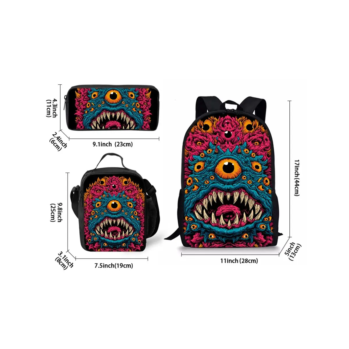 One Eyed Monster Print Three Piece Backpacks Set for Boy and Girls Best Gifts 2D Flat Cartoon School Bag for Children