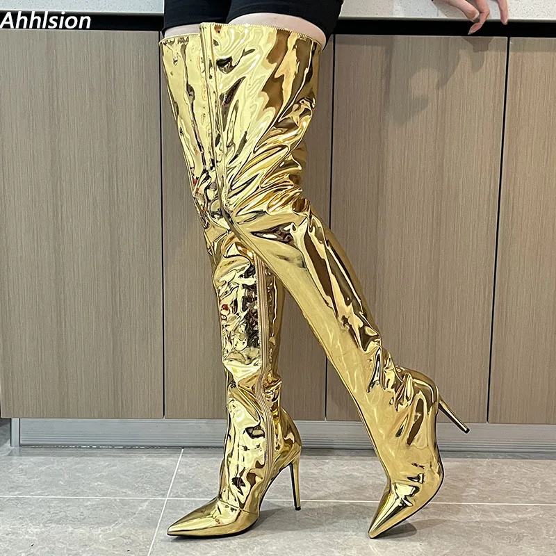 Ahhlsion New Fashion Women Winter Thigh Boots Stiletto Heels Pointed Toe Gold Silver Cosplay Shoes Ladies US Plus Size 5-15