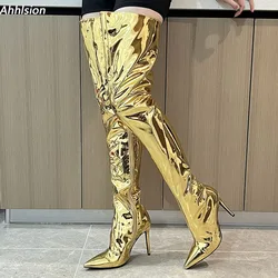 Ahhlsion New Fashion Women Winter Thigh Boots Stiletto Heels Pointed Toe Gold Silver Cosplay Shoes Ladies US Plus Size 5-15