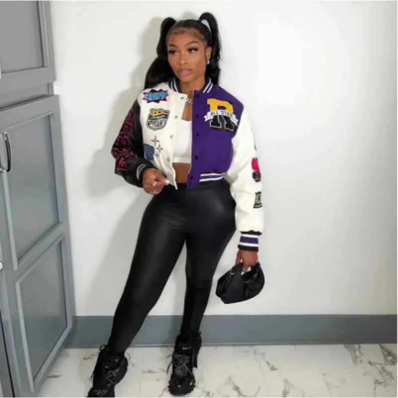 

Casual Letter Print Patchwork Varsity Jacket Appliques Round Neck Regular Fit Women Y2k Style Fall Coat