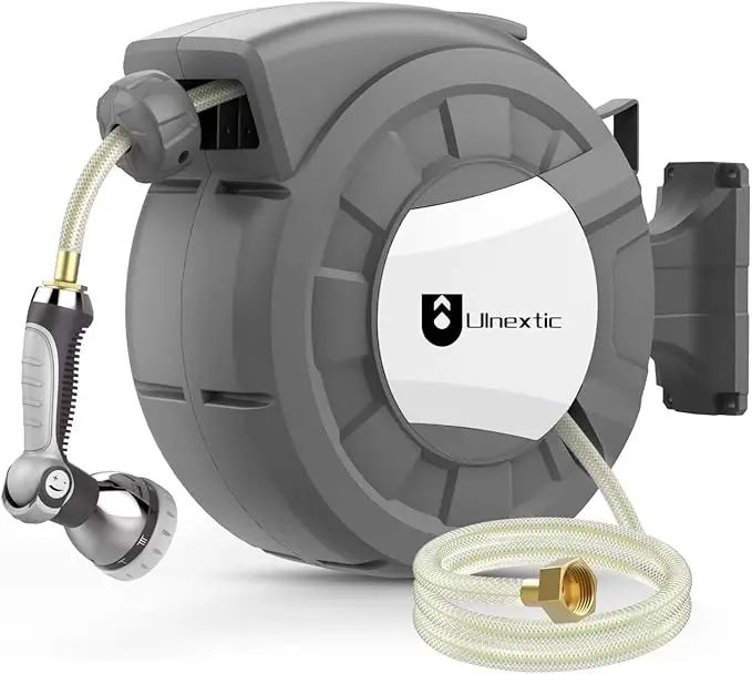 Retractable Garden Hose Reel Wall Mount 130FT 1/2 Inch Lock Any Length 10 Spray Patterns Nozzle