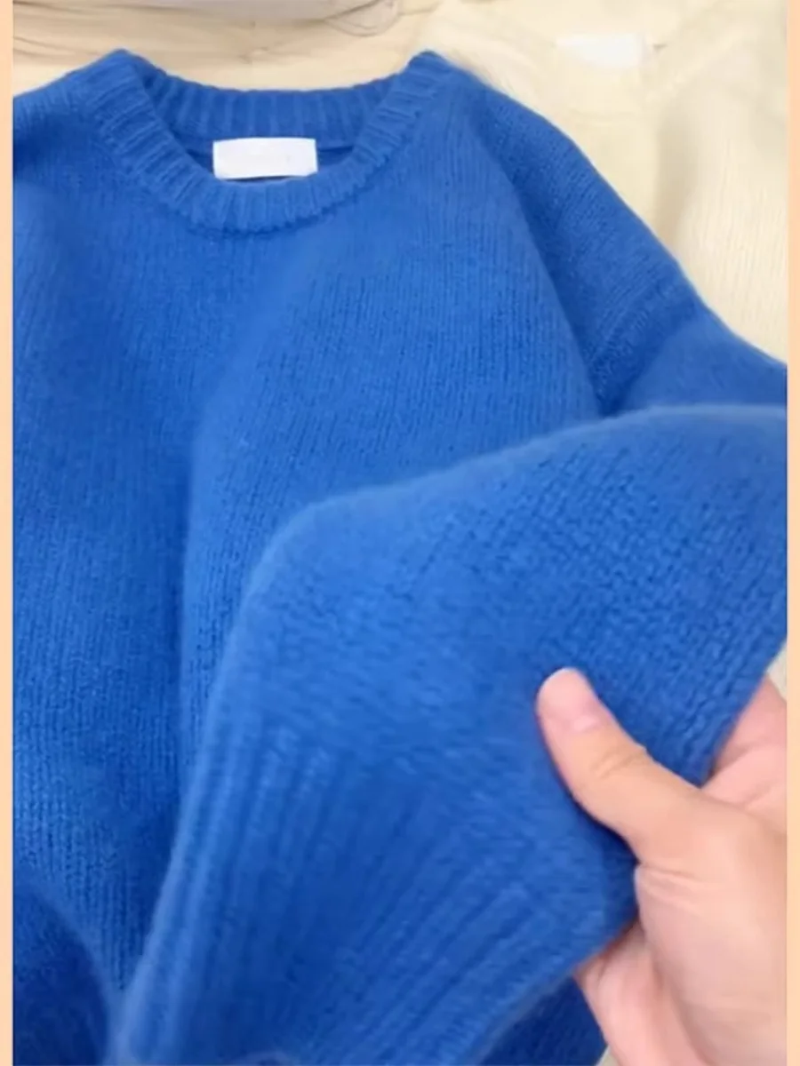 Suéter F de Tricô sso e io em Azul Profundo, Estilo Coreano, Pulôver de Gola Redonda, Confortável para Outono e ...