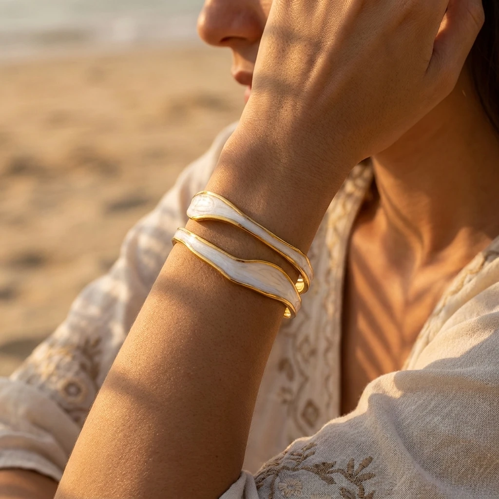 

Simple Elegant Stainless Steel Irregular White Enamel Open Bangle for Women Daily Wear Seaside Vacation Jewelry Accessories