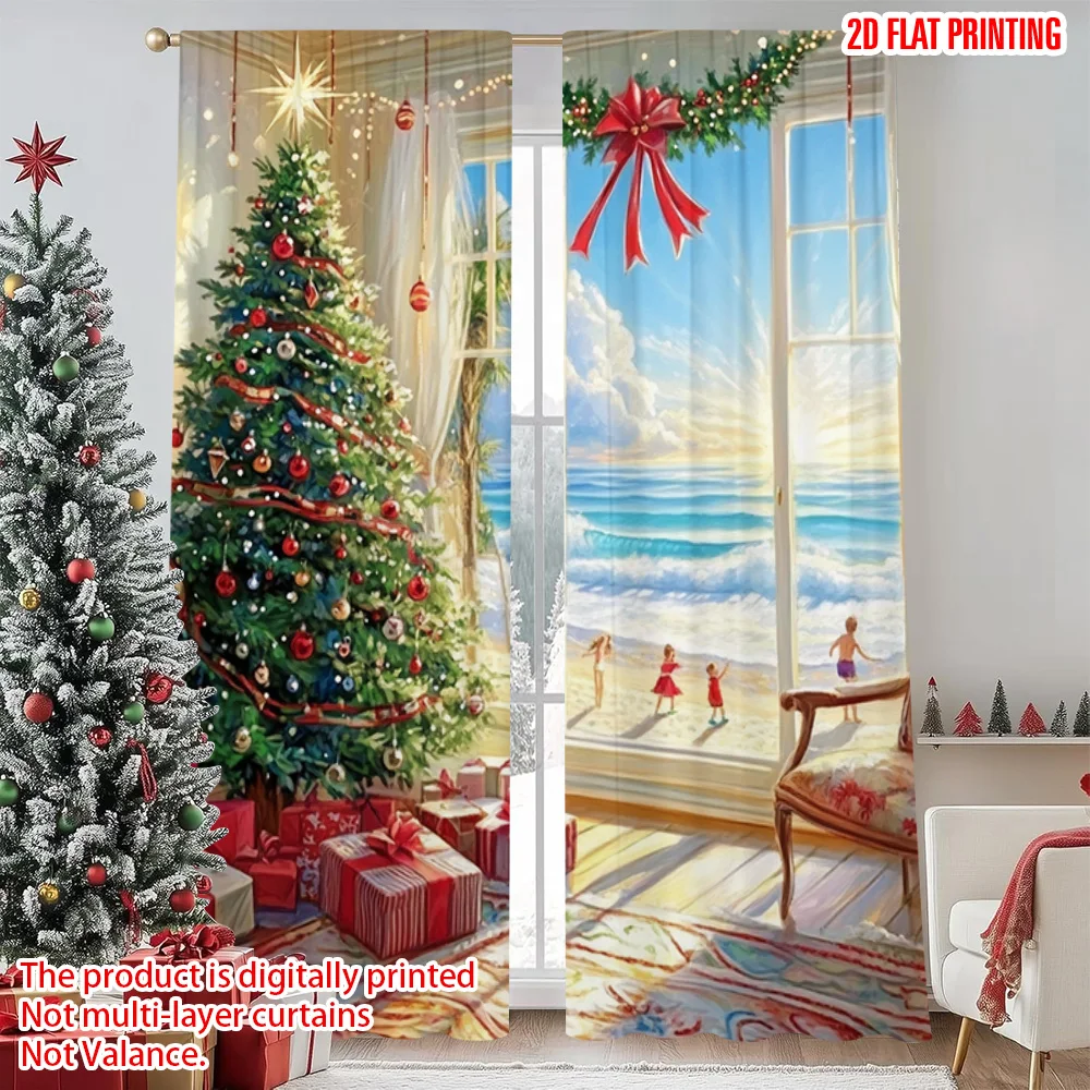 

2pcs 2D flat printing Merry Christmas Curtain Christmas Tree Beach Durable 100% Polyester Fabric Without Electricity Family