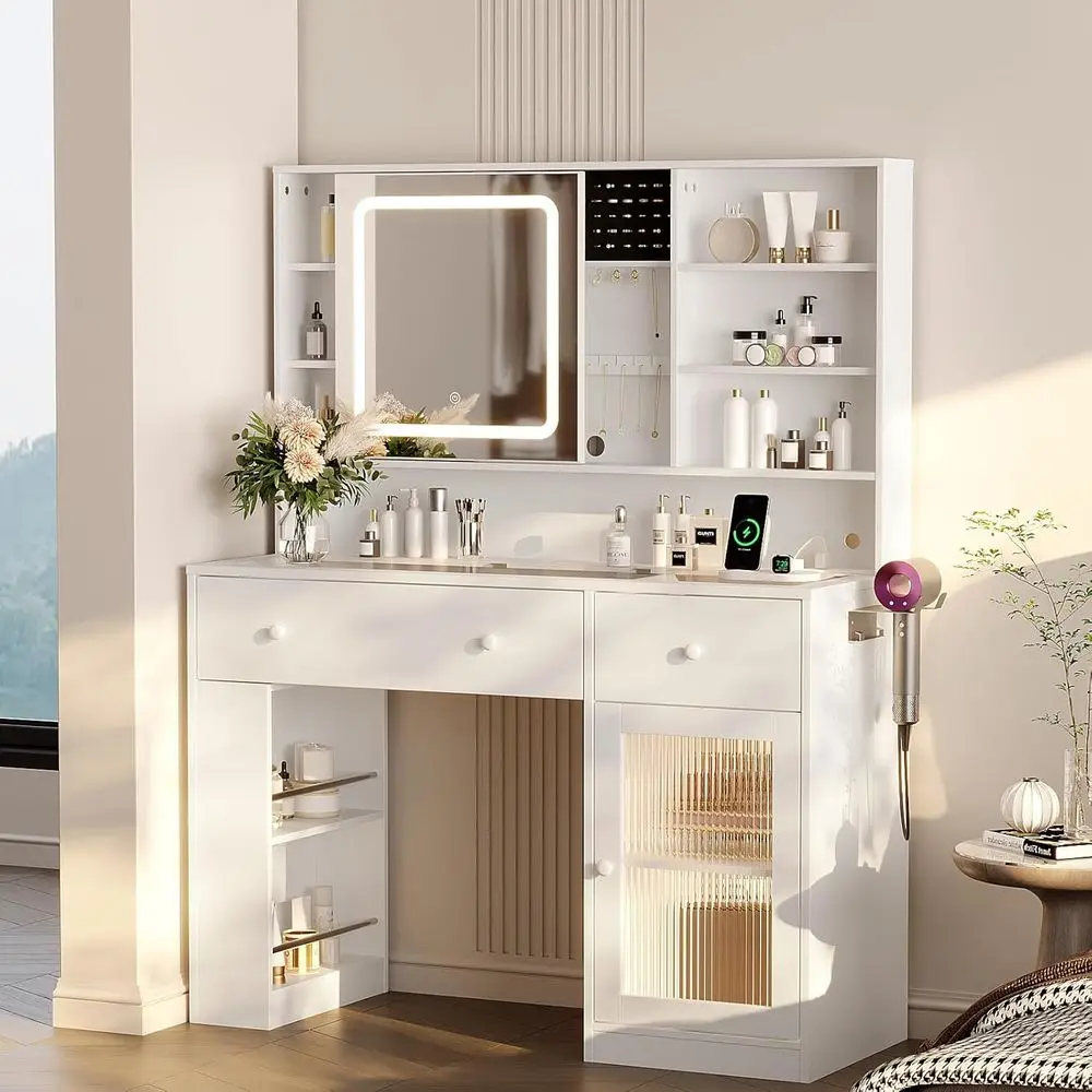 

Glass Top Makeup Vanity Table with Sliding Mirror, Lights, Hidden Storage, Power Outlets & Hairdryer Holder, 43in White