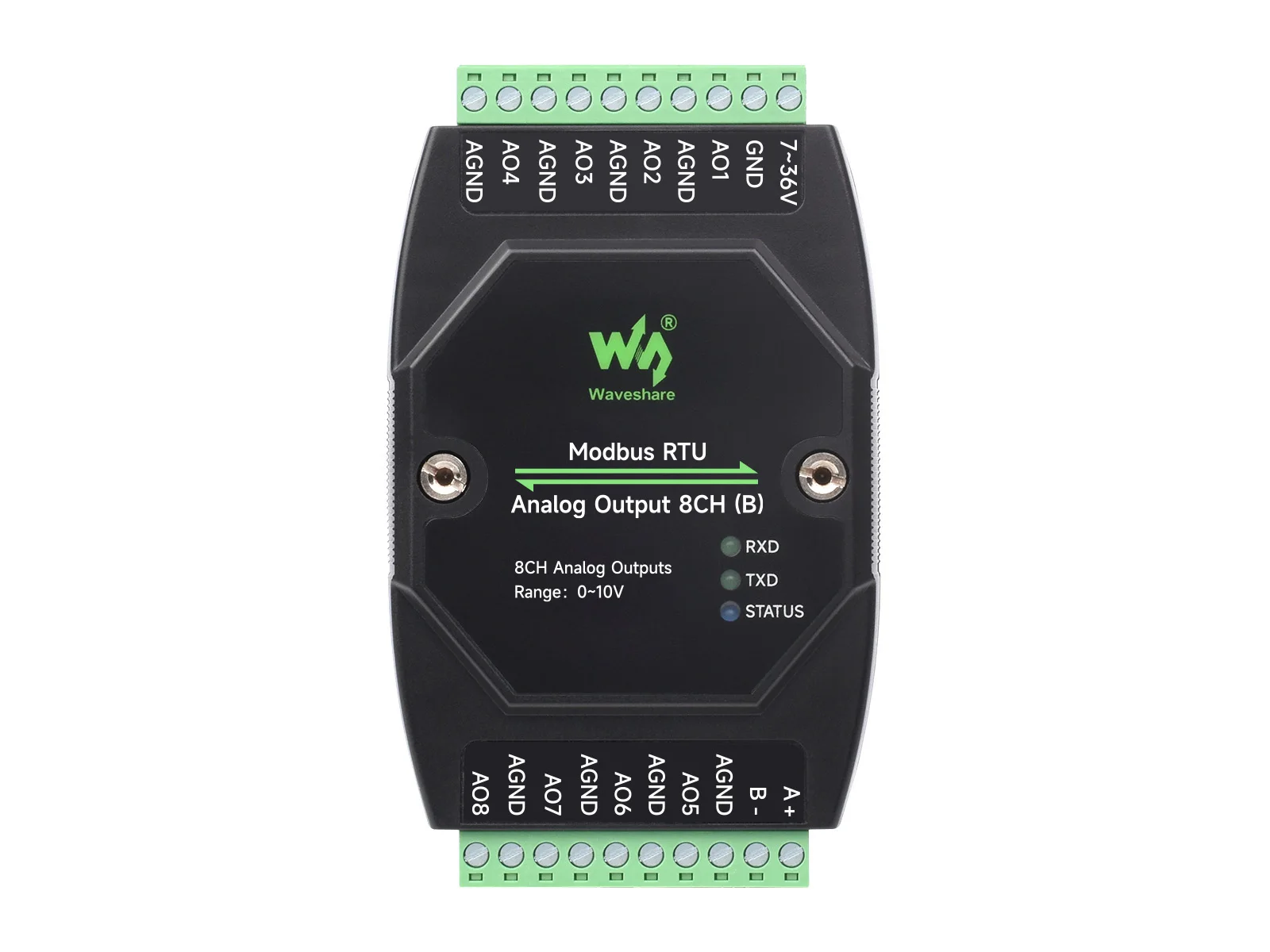 Picture 7: Waveshare 8-Ch Modbus RTU Analog Output Module, Wide Voltage Power Supply, Modbus RTU Protocol, Rail-Mount Support