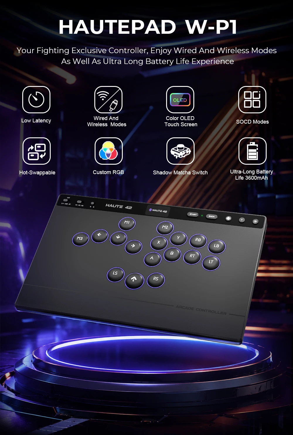 Haute42 W-P1 Tri-Mode 2.4G Kabelloser Touchscreen-Controller ohne Hebel für PC/PS4/PS5/Switch Stickless Arcade-Controller – Detail 6