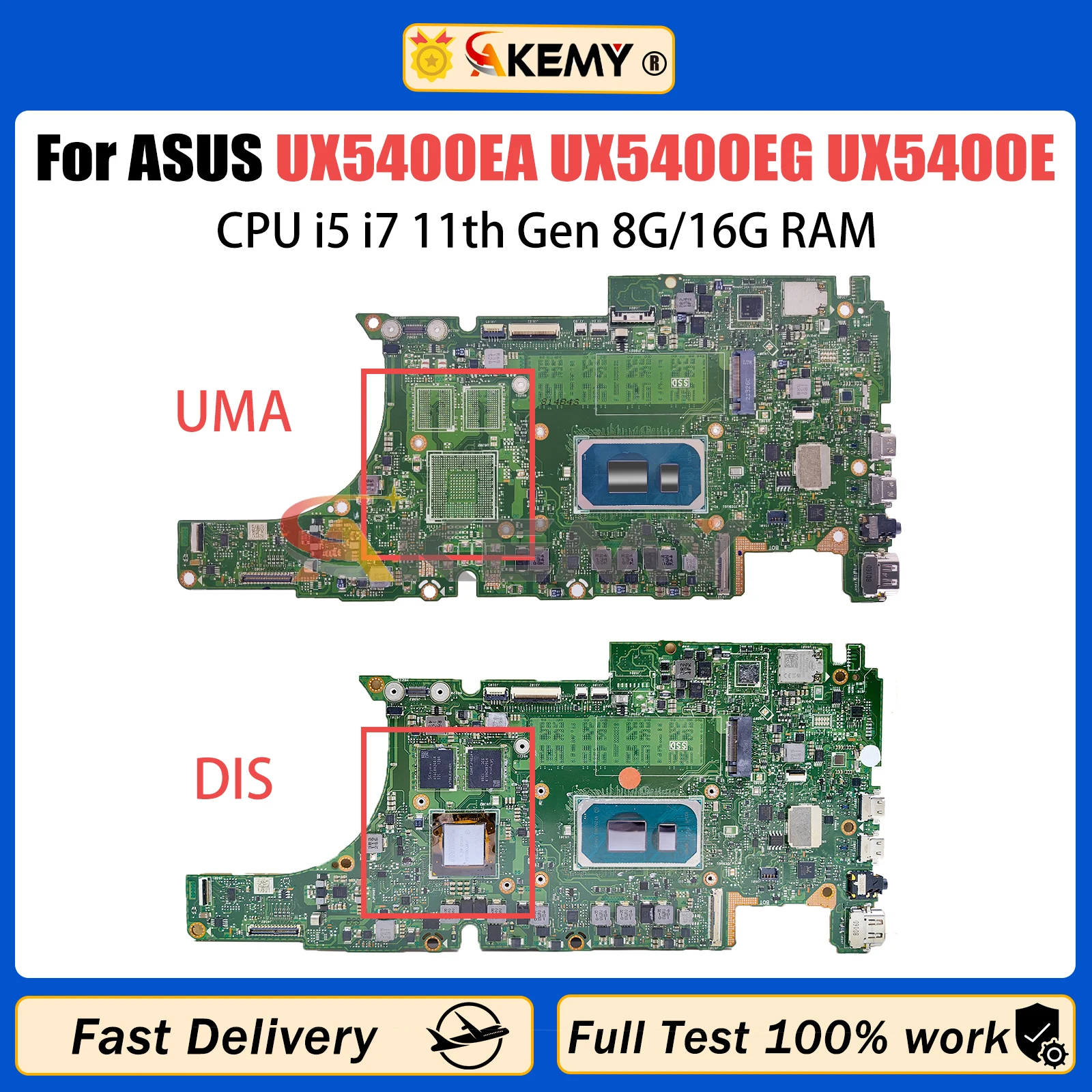 AKEMY UX5400EA Motherboard For ASUS ZenBook UX5400EG UX5400E Notebook Mainboard with I5 I7 11th Gen CPU 8G/16G RAM V2G/UMA