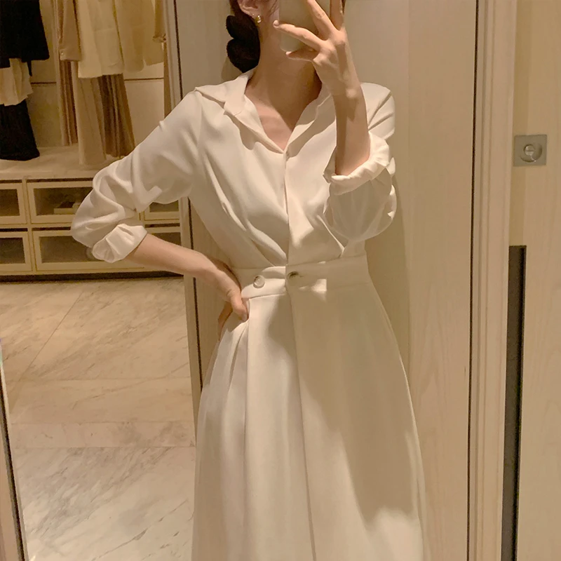 Chic Design irt Sle Long Dr  Collar Slimming Waist Early Spring Women's Dr Korean Sle High Waist A-Line Skirt