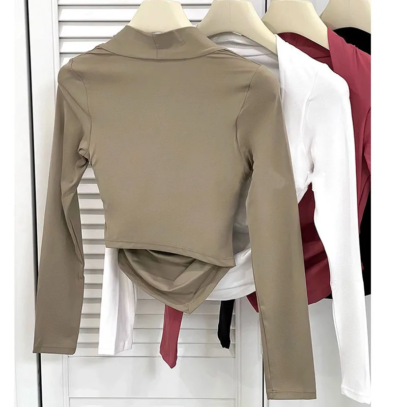 

Fitness Chest Cushion Sports Top Women Long Sleeve Shirts Pra Speed Up Short Elegant Dance Yoga Clothes Small Waistband Gym