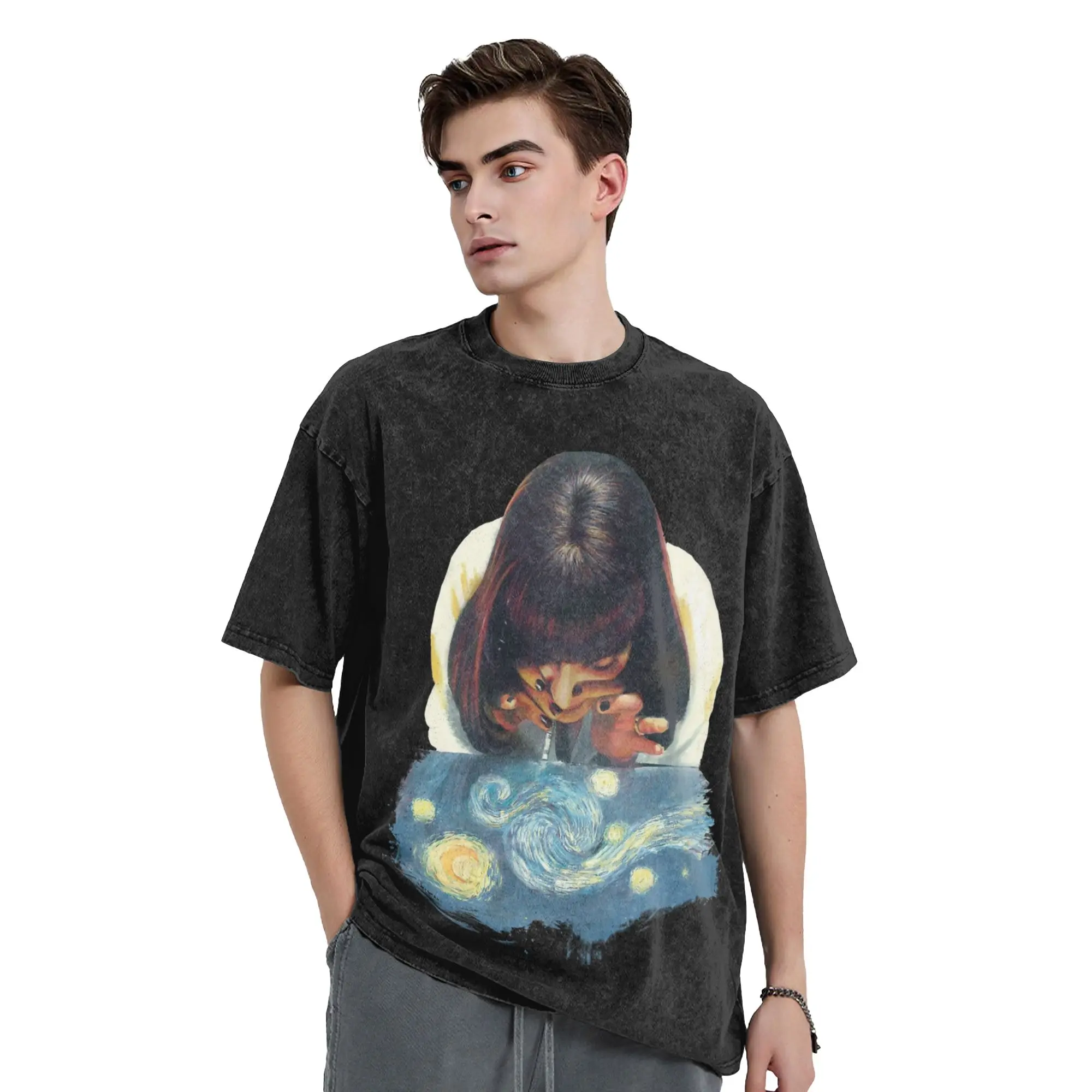 Mia Wallace StarryNight Pulp Fiction Washed T Shirts Streetwear Hip Hop Vintage T-Shirts  Tees Men Women Oversize Printed