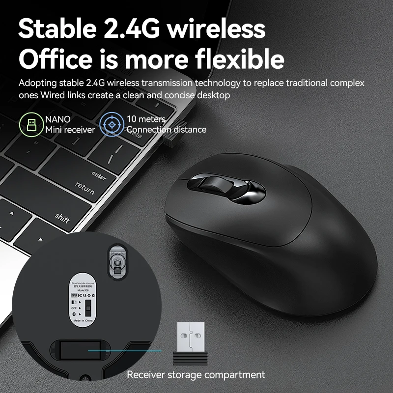 T-WOLF Q8 Silent Bluetooth Office Mouse Ergonomic Three Level DPI Dual Mode Wireless Mouse Suitable for PC Laptops