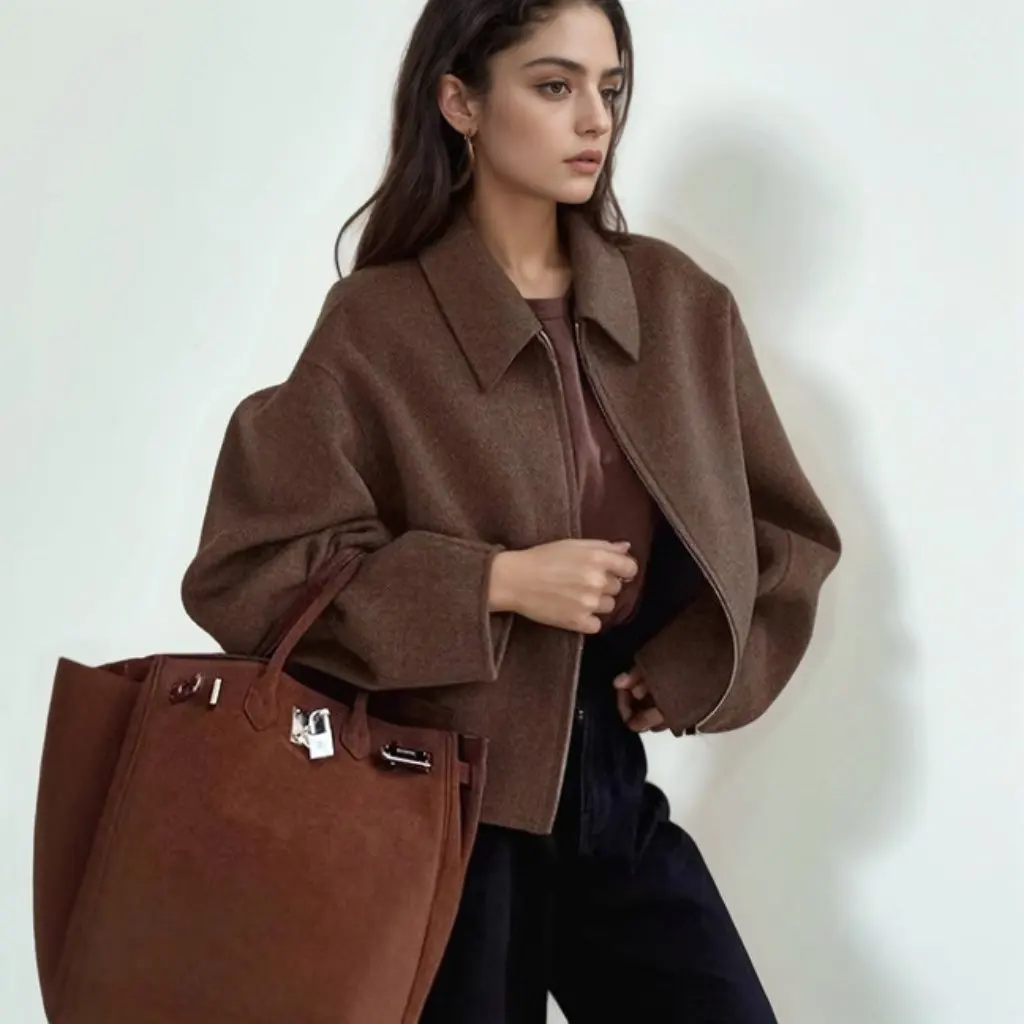 

Women's Autumn Winter Lapel Long-Sleeved Zipper Jacket Loose Casual Fashion European American Style