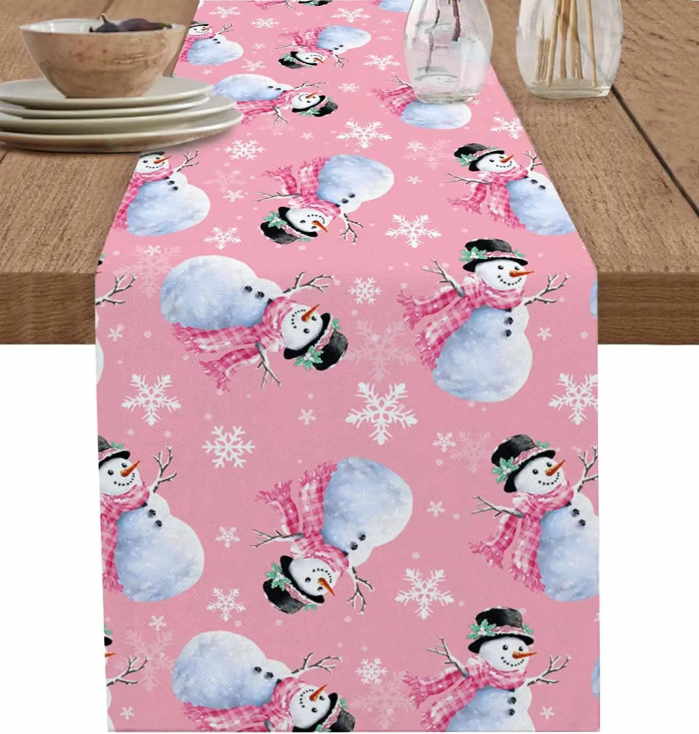 

Christmas Snowman Snowflake Pink Linen Table Runner Party Decor Winter Xmas Kitchen Dining Table Runner Christmas Decorations