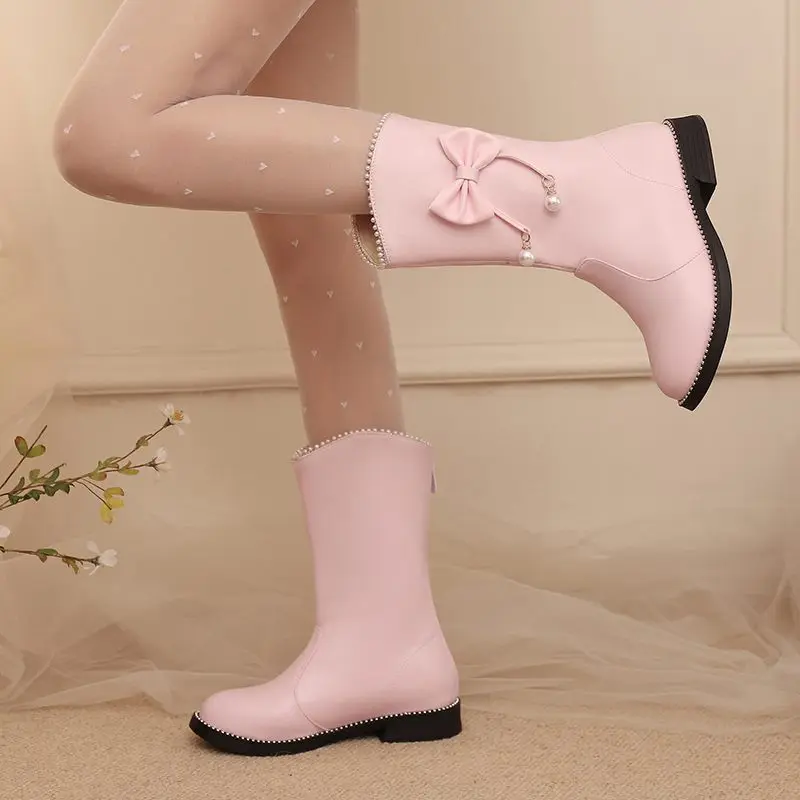 REAVE CAT Sweet Girls Mid Calf Boots Round Toe Heels 2.5cm Slip On Bowknot  Small Size 31 32 33 Princess School Bota Pink