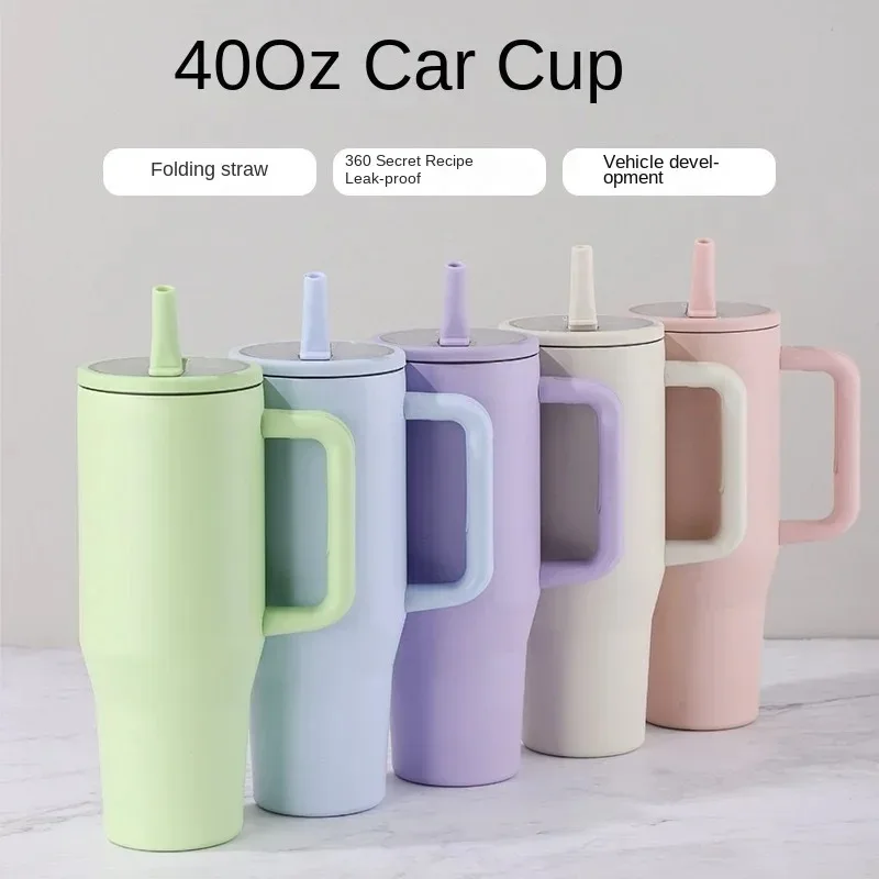 New cross-border thermos cup 40oz double-layer ice cup leak-proof foldable straw cover convenient direct drinking mouth car cup