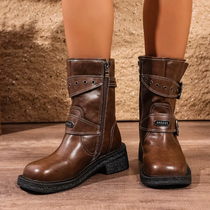 Metal Belt Buckle Block Heel Single Boots Autumn New Round Toe Side Zip Platform Non-Slip Shorthole Boots
