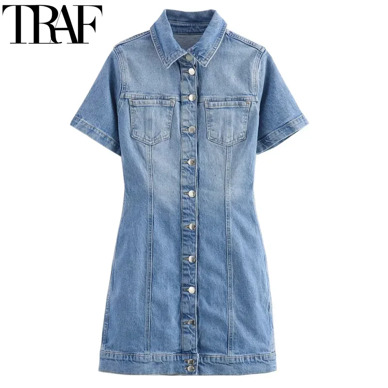 

TRAF Bodycon Denim Mini Dress Faded Blue Short Dresses For Women Button Up Shirt Dress Woman Streetwear Short Sleeve Jeans Dress