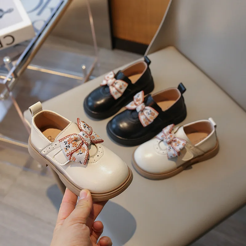 Girls Small PU Leather Shoes 2025 Spring Autumn New Soft-soled Single Flats Bow Style Princess Children's Loafer