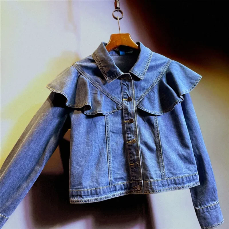 

Vintage Blue Short Denim Jacket Spring Women Casual Korean Ruffle Patchwork Lapel Long Sleeve Single-breasted Jeans Jacket Coat
