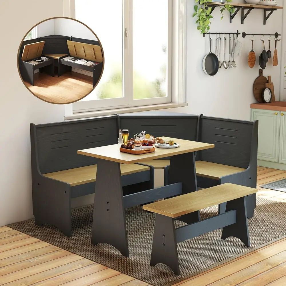 

L-Shaped Breakfast Nook Set for 3-5, Black Wood Dining Table with Bench and Hidden Storage for Family Home