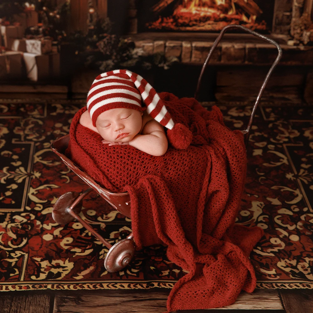 Baby Christmas Photography Props Knitted Hat Handmade Dolls Wool Blanket Newborn Photographer Xmas Theme Photo Shoot Accessories