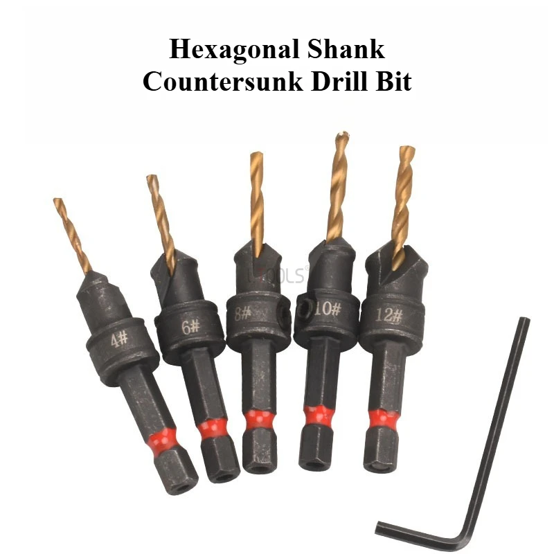 

Multi-functional 5pcs Hexagonal Shank Countersunk Drill Bit Professional Woodworking Hole Drilling Tool Set Countersink Drill