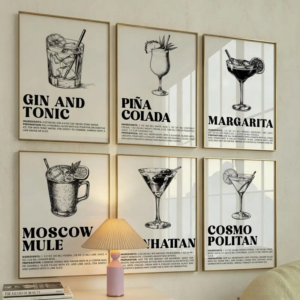 Vintage Old Fashioned Cocktail Recipe Painting Calligraphy Canvas Painting Wall Art for Living Room Bedroom Home Decor Decals