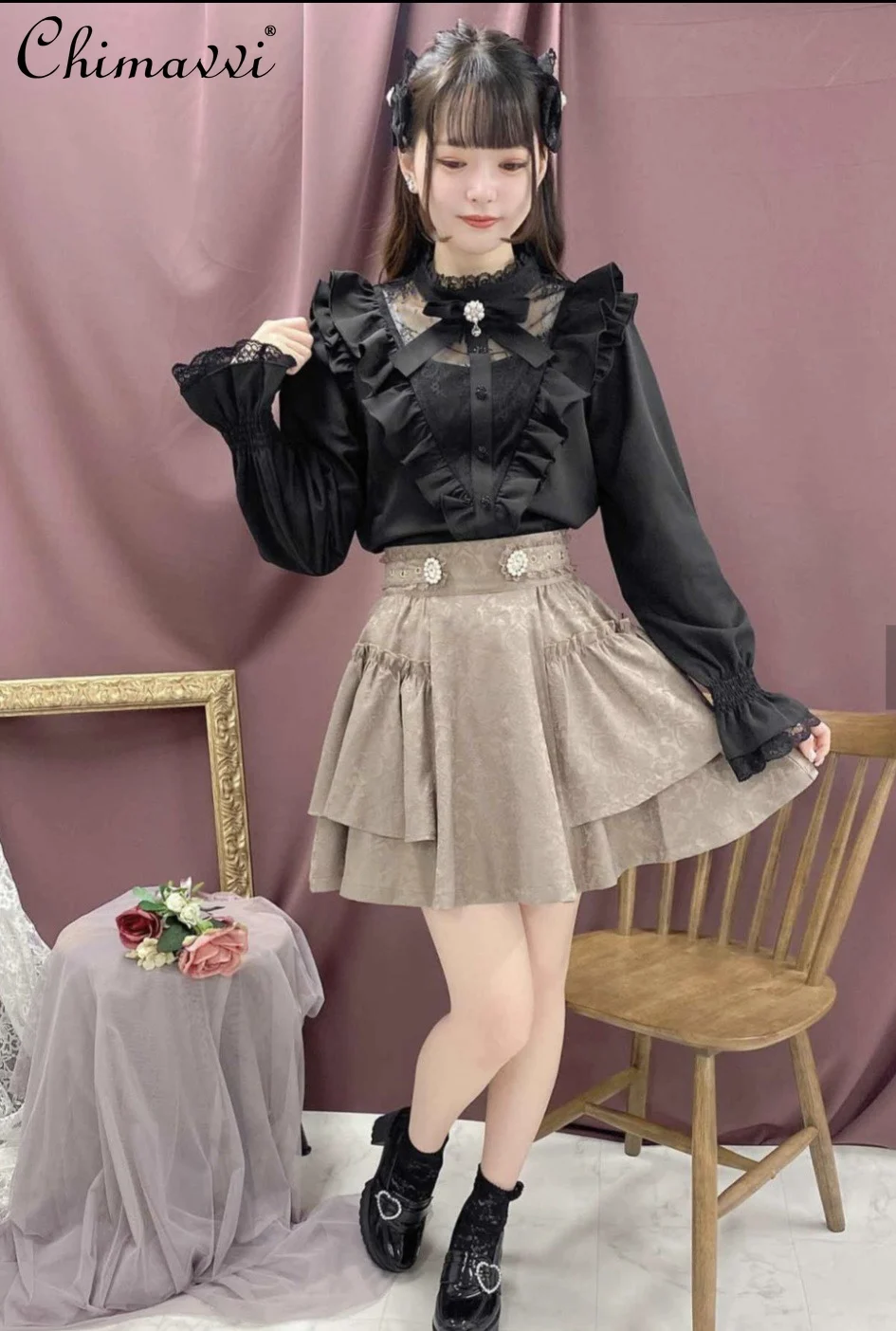 Spódnica Rojita Mine Mass-Produced High Waisted Rhinestone Button Jacquard Black Skirts Jesienna damska plisowana mini spódniczka w kształcie litery A