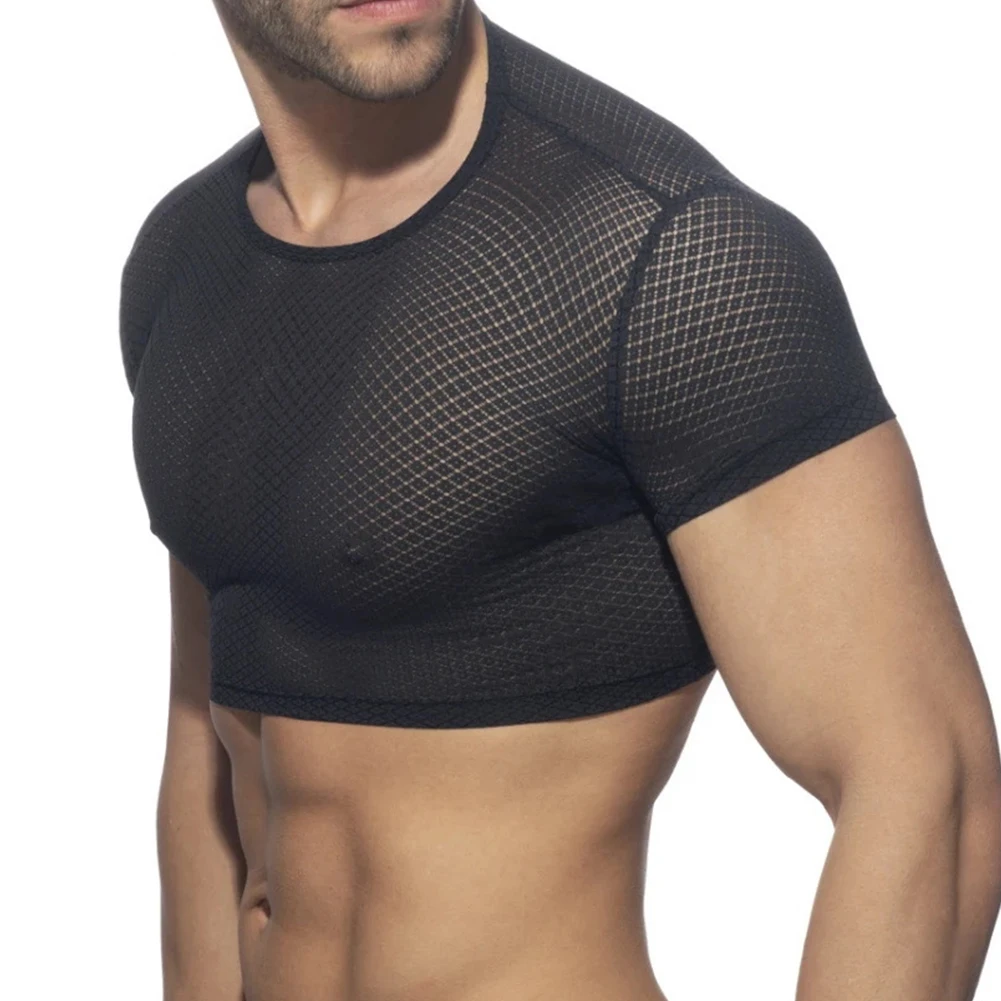 Mens Sissy Mesh Short Sleeveless Smooth Crop Top T-Shirt Crossdresser See-through Silky Tank Tops Pajamas Nightgown