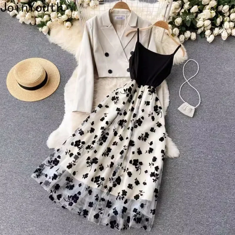 Temperament Women's Clothing 2 Piece Sets Double Breasted Crop Jacket Gauze Floral Tunic Dresses Outfits Fashion Korean Suit