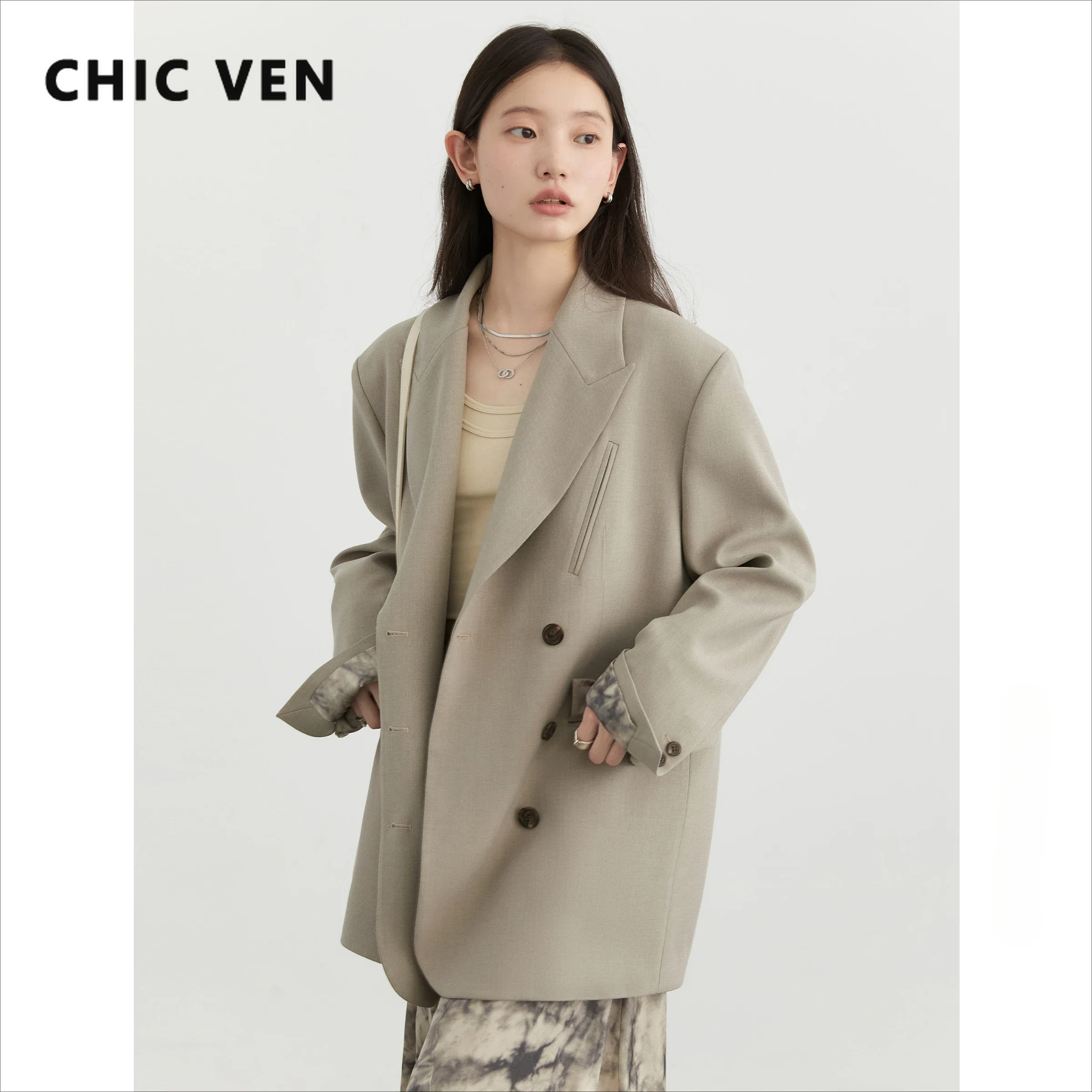 CHIC VEN Women Blazer Solid Loose New coreano spalla larga giacca femminile doppio petto donna cappotto primavera autunno 2024