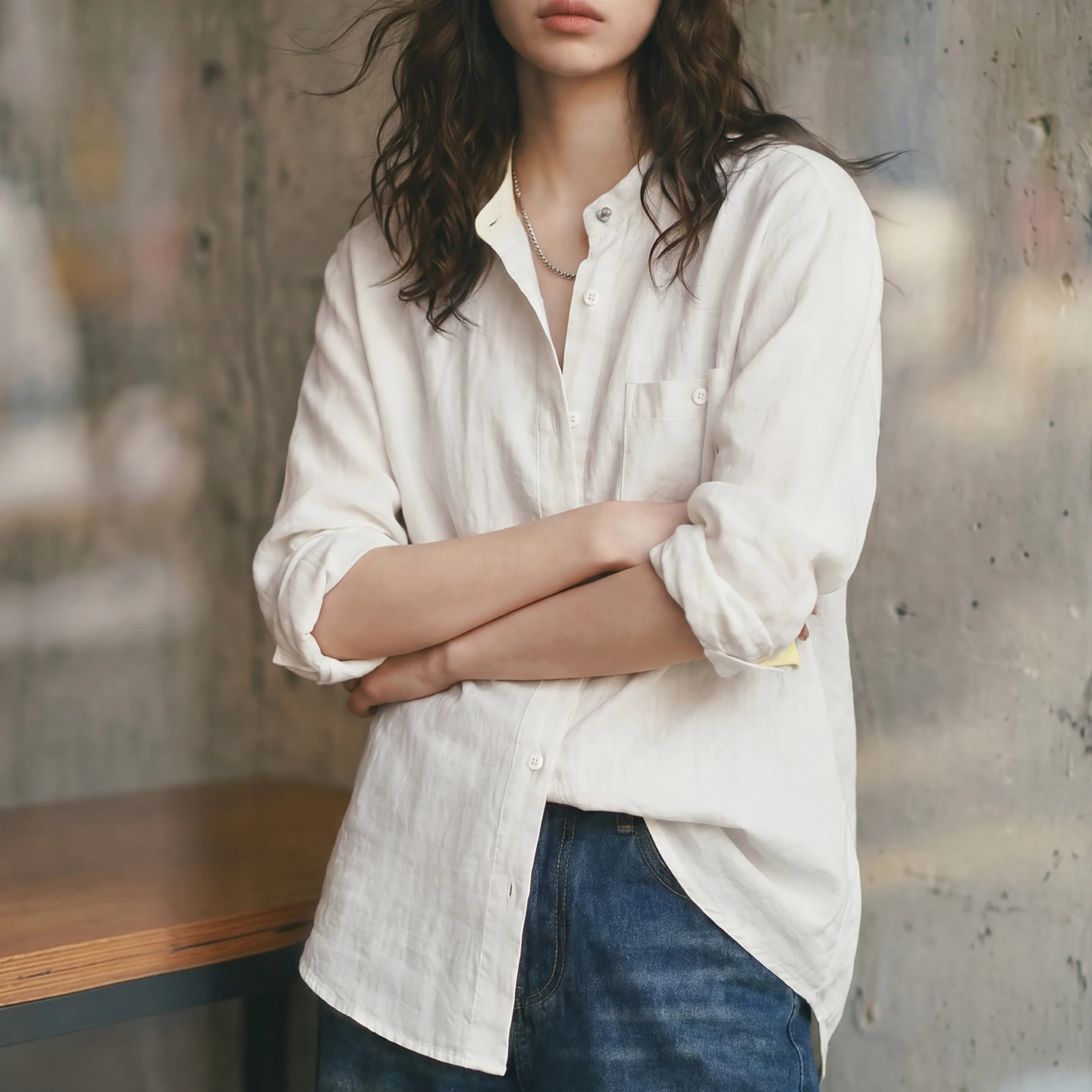 Maden Women's Linen Lyocell Shirt Old Money Style Stand Collar Casual Overshirt UV Protection Lightweight Loose Fit Outerwear