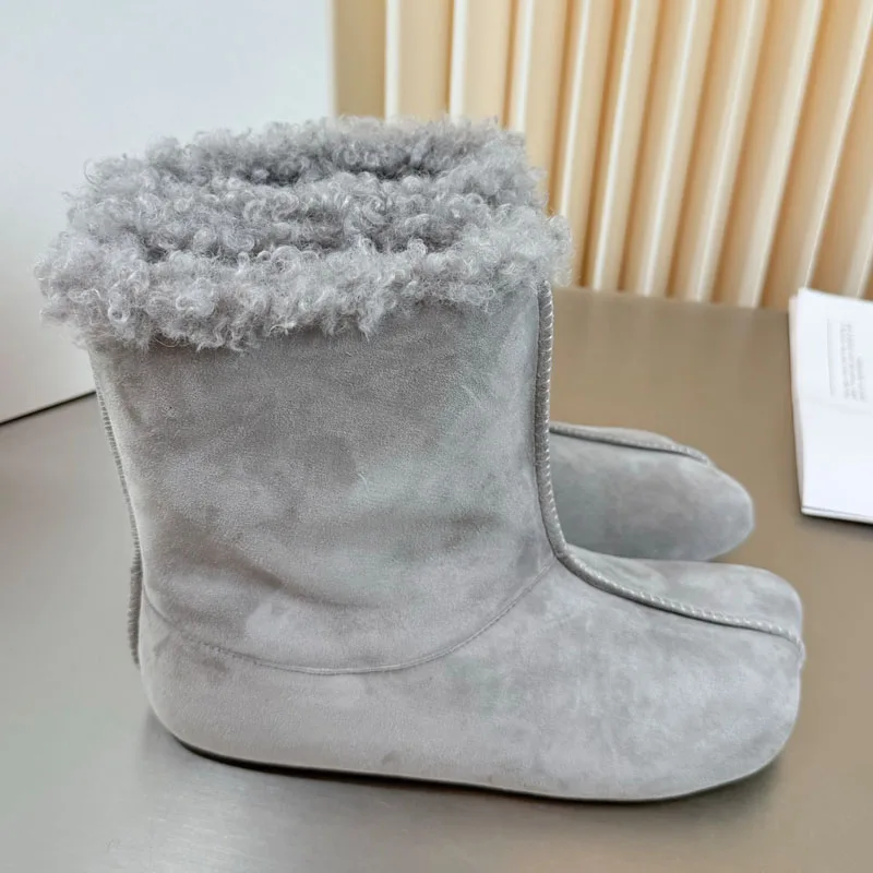 High Quality Fashion Wool Snow Boots Women Suede Genuine Leather Short Boots Fur Flat Shoes Warm Ankle Flat Knight Boots Woman