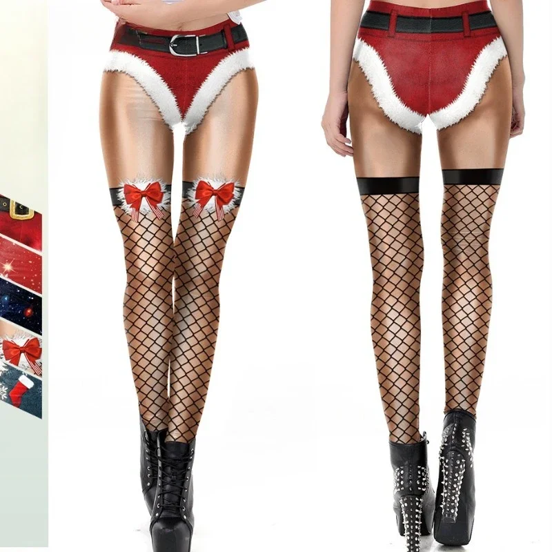 Xmas Women Christmas Belt Leggings Santa Claus Cosplay 3D Printed Party Pants Spandex Elastic Adult High Waist Skinny Leggins