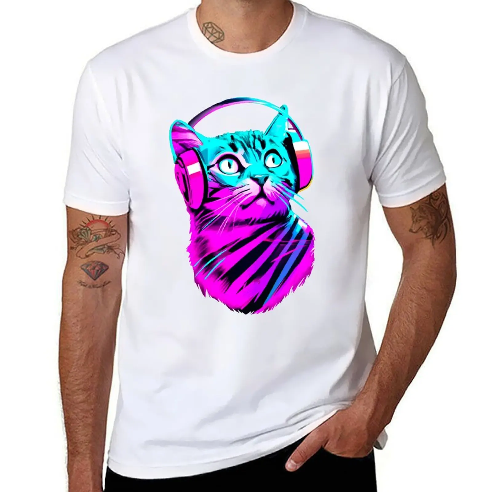 

80's Cat With Headphones T-Shirt man t shirt cotton cotton t shirts high quality T-Shirt