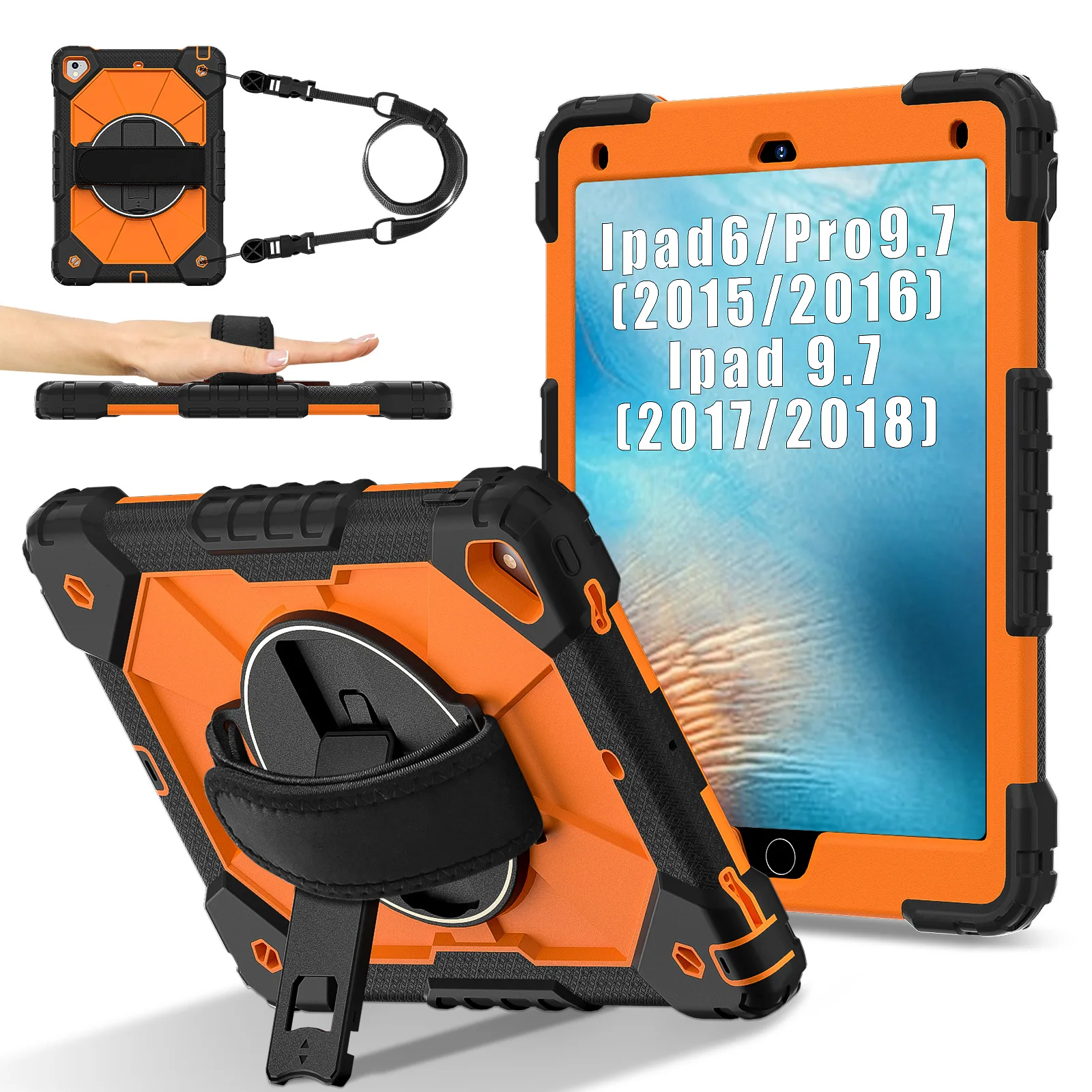 Heavy Duty Protective Case for iPad 6 9.7 6th 5th Gen Kids Shockproof Cover for Pro 9.7with Kickstand Shoulder Straps
