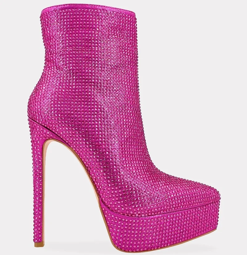 Bling Bling Crystal Stiletto Heels Platform Ankle Boots Pointed Toe Zipper Fuchsia Rhinestone Modern Runway Shoes