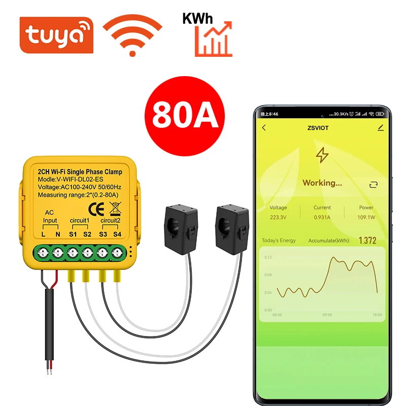 Controlador de energía con WiFi para el hogar, medidor de corriente de energía de 80a, KWh, dispositivo de monitoreo de estadísticas de electricidad