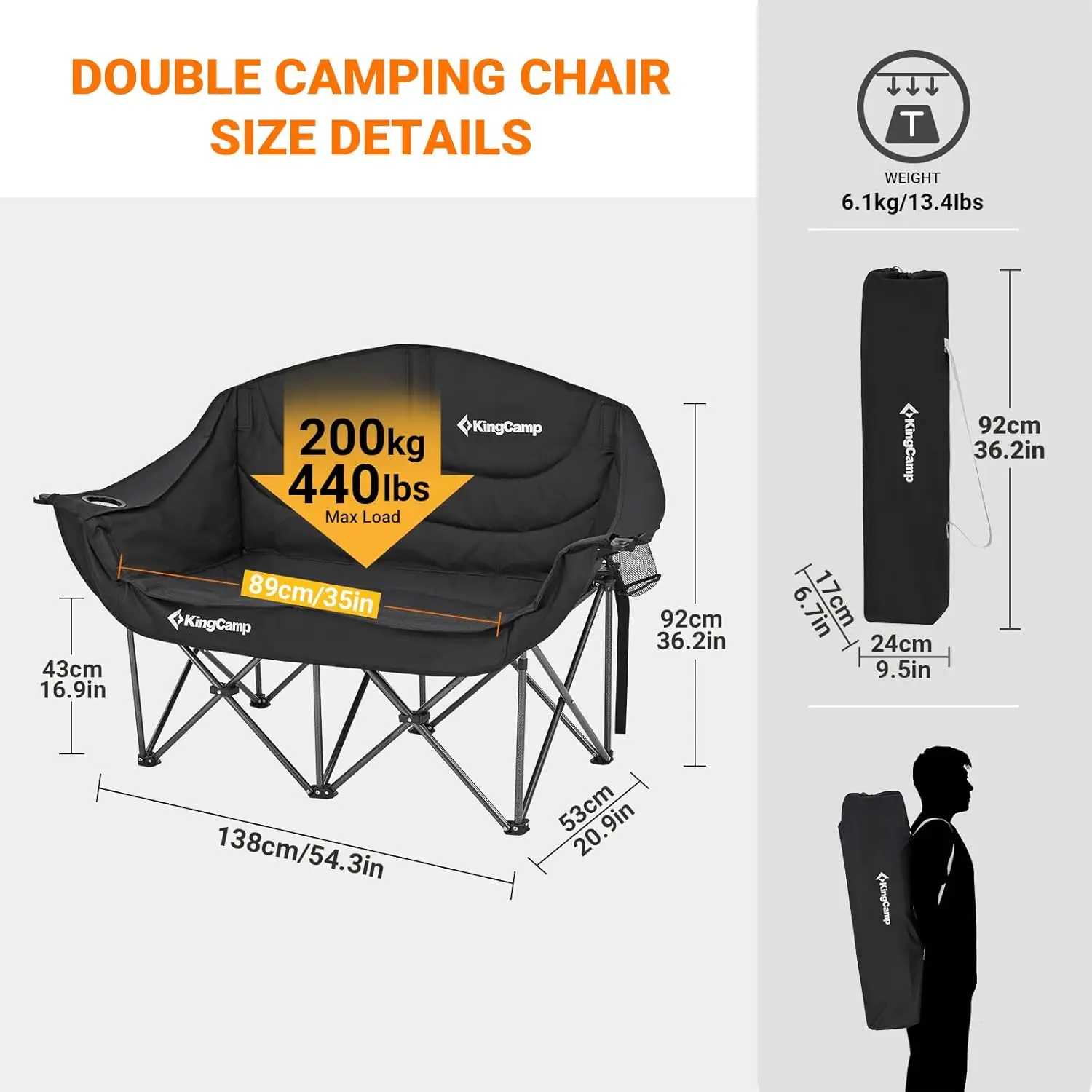 Double Camping Chair Oversized Loveseat Camping Couch Heavy Duty Outdoor Folding Chair with Cup Holder Wine Glass Holde