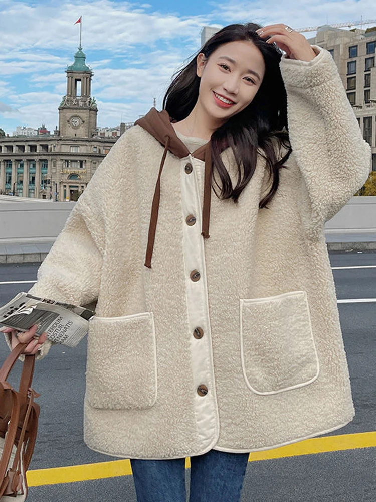 

Splicing Lamb Plush Loose Hooded Coat Women's Large Pocket Button Autumn Winter Thick Versatile New Korean Cotton Jacket Casual