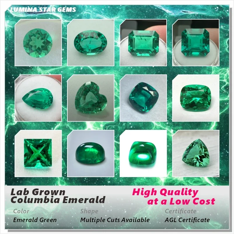 حجر الزمرد الكولومبي المزروع في المختبر، جودة عالية، تخفيضات متعددة متوفرة لقطع اليد الحرارية المائية، شهادة AGL قابلة للاختيار