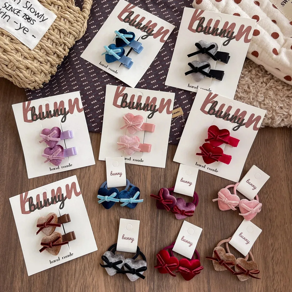 Kids Hair Ties Winter Fabric Handmade Embroidered Heart Elastic Ponytail Holders Non Slip Bun Set 2Pcs view 3