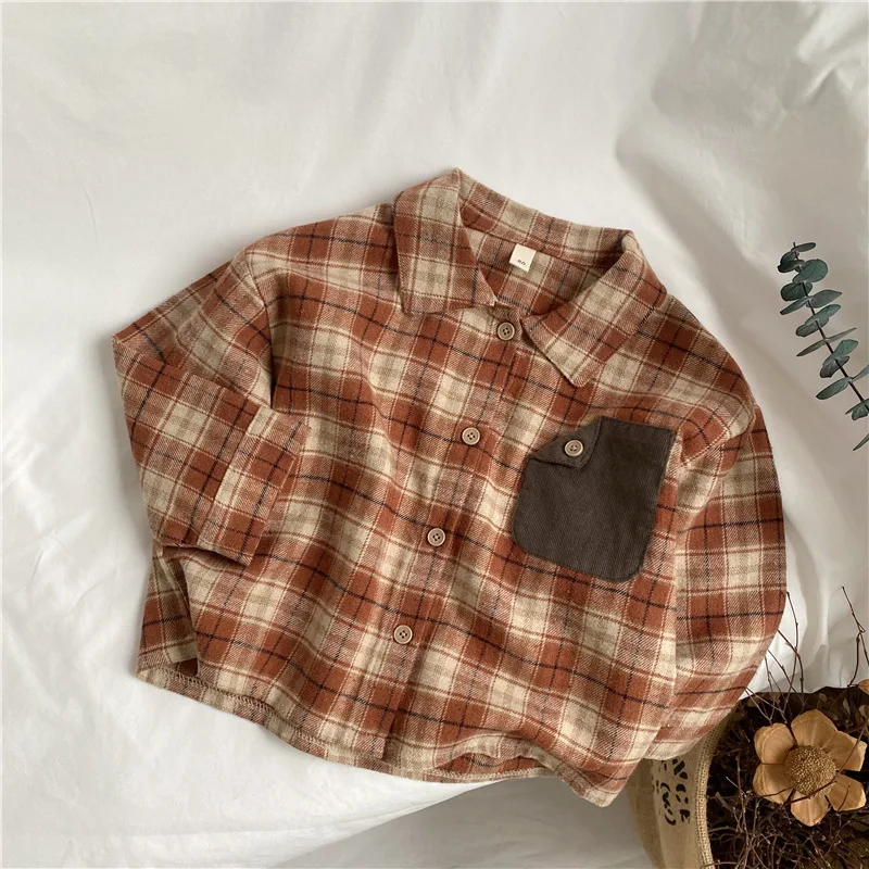 2024 Autumn New Kids retro contrasting color pocket plaid shirt Boys turn-down collar cotton shirts Girls loose casual Tops