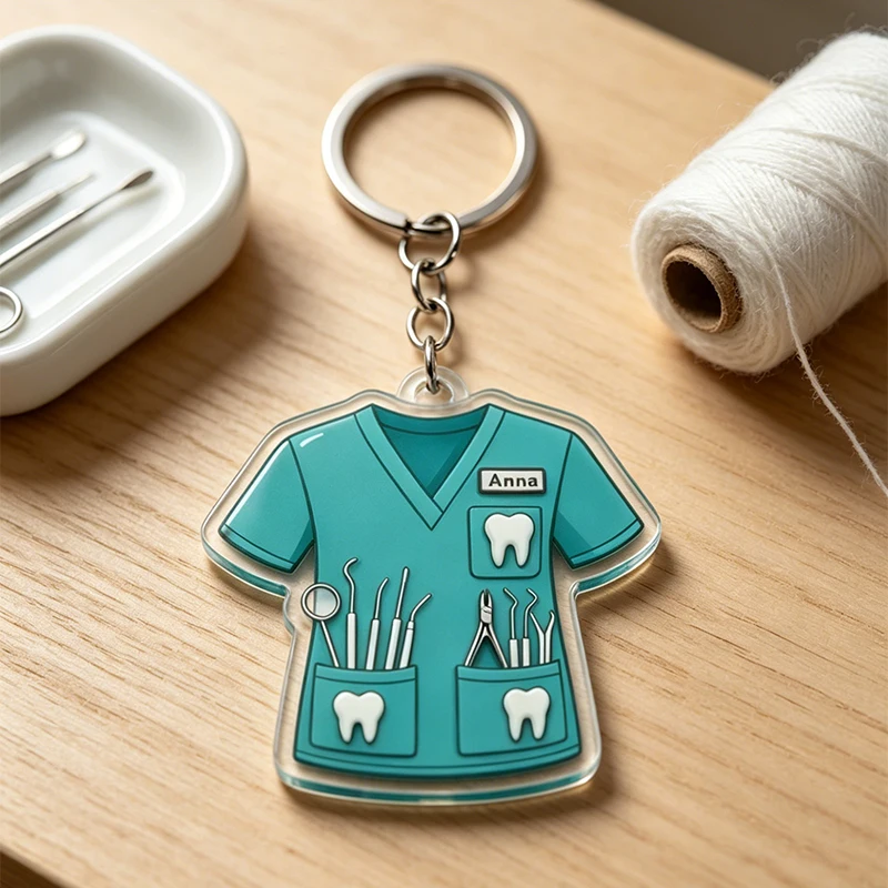 Customized Name Carving Dentist Uniform Acrylic Keychain Personalized Cute Caregiver Key Ring Fashion Hanging Dental Staff Gift