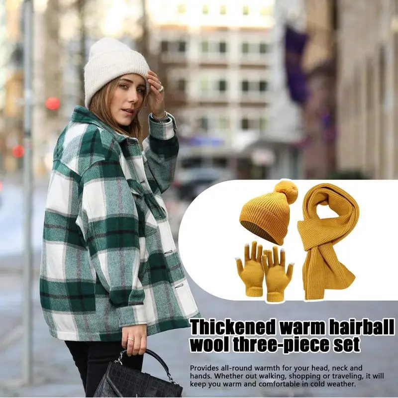 Hat Scarf Gloves Set Women Outdoor Thick Warm Woolen Hat Set Stocking Stuffers For Women Hat Scarf Gloves Headband Set For