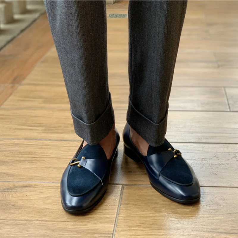 New Genuine Leather Men Loafers Shoes Metal Buckle Breathable Slip-On Men Dress Shoes Business Men Shoes