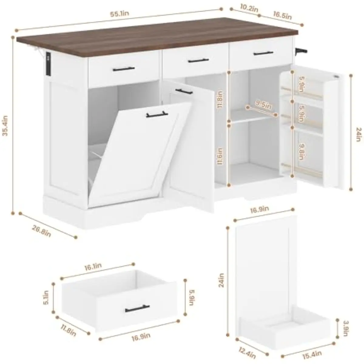 55 inch expandable kitchen island with drop leaf table top power outlet USB ports 2 sockets adjustable shelves 3 drawers trash c